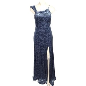 Mori Lee Blue One Shoulder Velvet Floral Maxi Gown EUC size 4